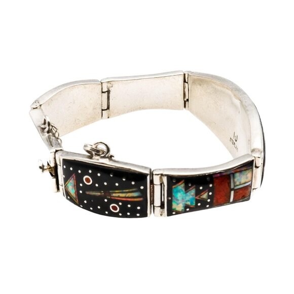 Navajo Artist Opal Multi-Stone Micro Inlay Link Bracelet in Sterling Silver Size - Picture 4 of 7